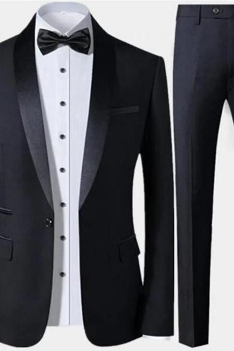 Men Lapel Black Collar 2 Pcs Suit Set Coat Trousers Business Groomsmen Groom Wedding Dress Fprmal Blazer Pants Waistcoat Ms191