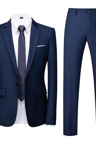 Men&amp;#039;s Business Casual Solid Color Suits Male Blazers 2 Pcs Jacker Coat Trousers Pants Ms195