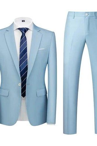 Men's Business Casual Solid Color Suits Male Blazers 2 Pcs Jacker Coat Trousers Pants Ms196