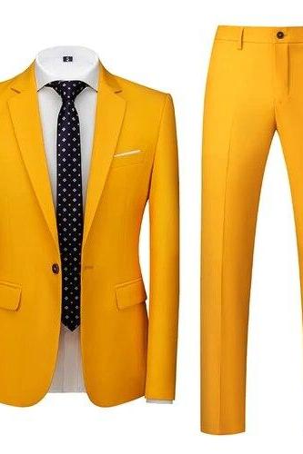 Men's Business Casual Solid Color Suits Male Blazers 2 Pcs Jacker Coat Trousers Pants Ms202