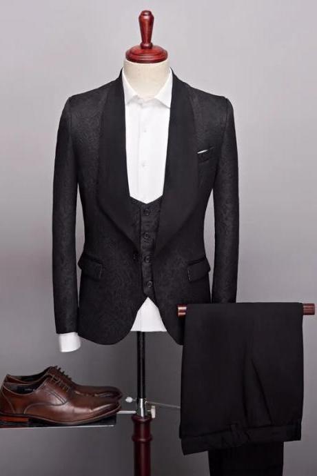 3 Pcs Set Suit Jacket Vest Pants Men Casual Boutique Wedding Dark Pattern Big Black Collar Blazers Coat Trousers Waistcoat Ms204