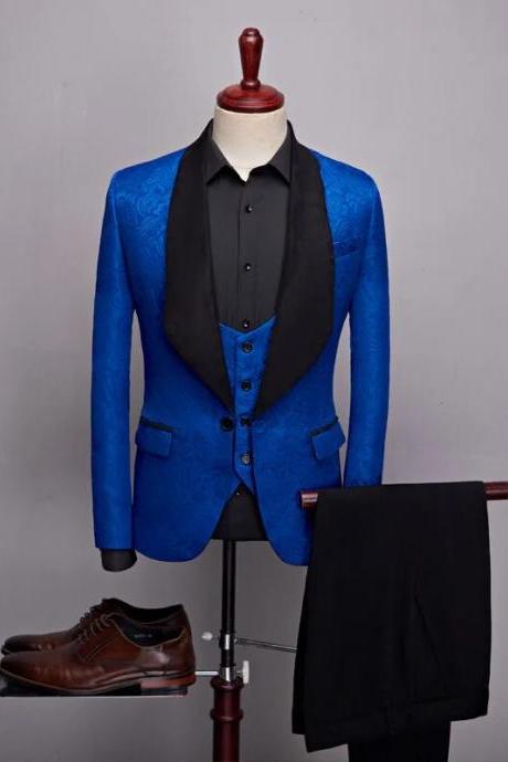 3 Pcs Set Suit Jacket Vest Pants Men Casual Boutique Wedding Dark Pattern Big Black Collar Blazers Coat Trousers Waistcoat Ms205