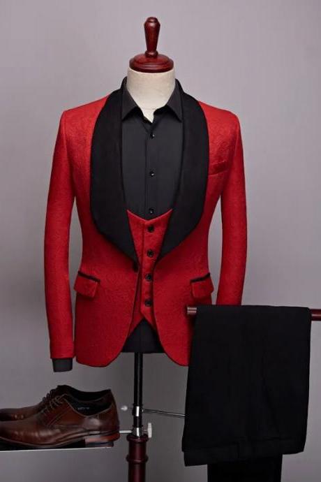 3 Pcs Set Suit Jacket Vest Pants Men Casual Boutique Wedding Dark Pattern Big Black Collar Blazers Coat Trousers Waistcoat Ms206