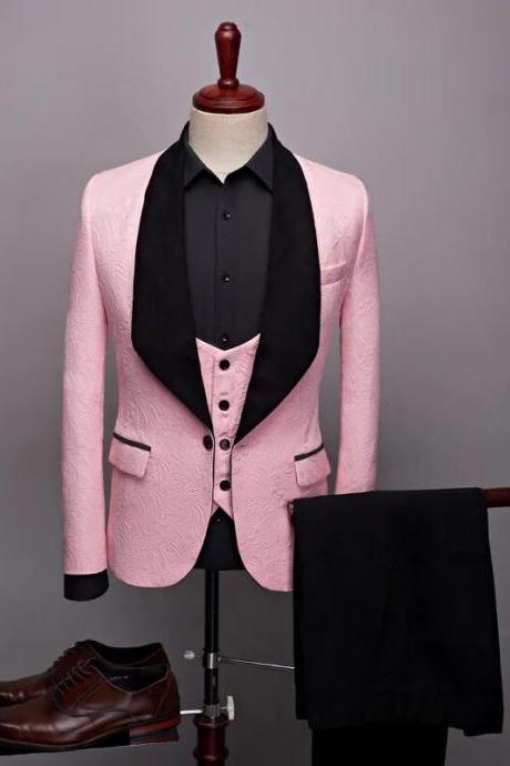 3 Pcs Set Suit Jacket Vest Pants Men Casual Boutique Wedding Dark Pattern Big Black Collar Blazers Coat Trousers Waistcoat Ms207