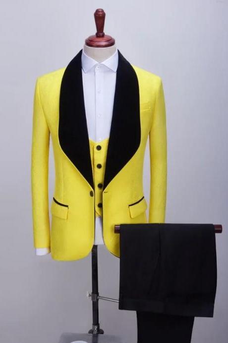 3 Pcs Set Suit Jacket Vest Pants Men Casual Boutique Wedding Dark Pattern Big Black Collar Blazers Coat Trousers Waistcoat Ms208