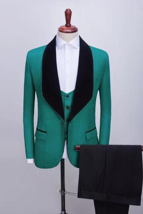 3 Pcs Set Suit Jacket Vest Pants Men Casual Boutique Wedding Dark Pattern Big Black Collar Blazers Coat Trousers Waistcoat Ms210