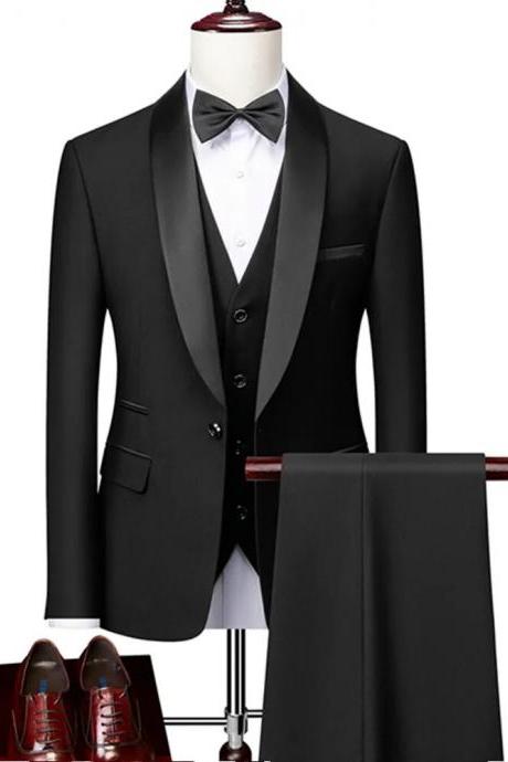 Men Lapel Black Collar 3 Pcs Suit Set Coat Vest Trousers Business Groomsmen Groom Wedding Dress Fprmal Blazer Pants Waistcoat Ms220