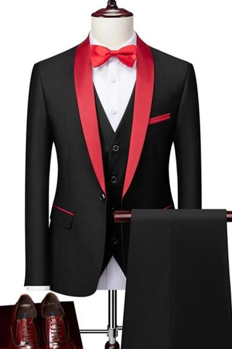 Men Lapel Black Collar 3 Pcs Suit Set Coat Vest Trousers Business Groomsmen Groom Wedding Dress Fprmal Blazer Pants Waistcoat Ms222
