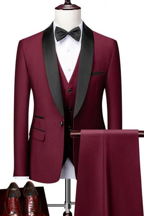 Men Lapel Black Collar 3 Pcs Suit Set Coat Vest Trousers Business Groomsmen Groom Wedding Dress Fprmal Blazer Pants Waistcoat Ms224