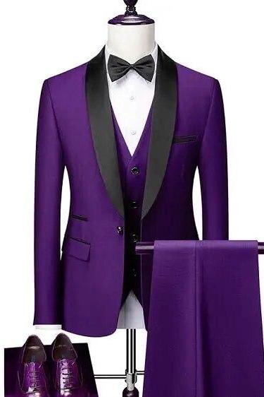 Men Lapel Black Collar 3 Pcs Suit Set Coat Vest Trousers Business Groomsmen Groom Wedding Dress Fprmal Blazer Pants Waistcoat Ms226