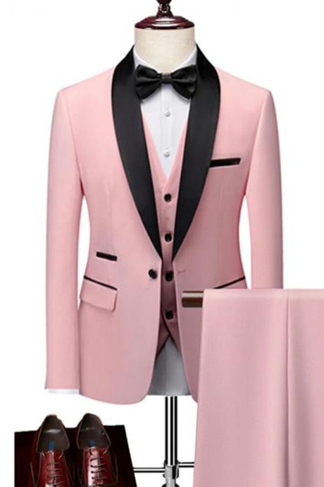 Men Lapel Black Collar 3 Pcs Suit Set Coat Vest Trousers Business Groomsmen Groom Wedding Dress Fprmal Blazer Pants Waistcoat Ms227
