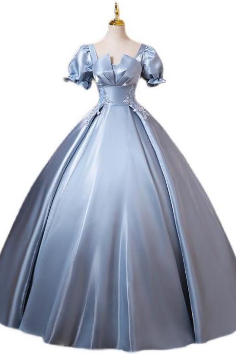 Blue Short Sleeve Applique Women Full Length Prom Dress Evening Dress Formal Occasion Dress Sa1777