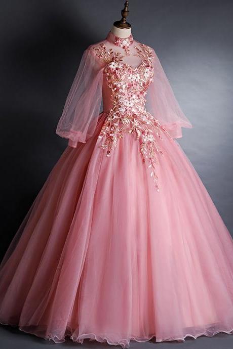 Pink Long Sleeve Ball Gown Prom Dress Formal Dress Evening Party Dress Sa1782
