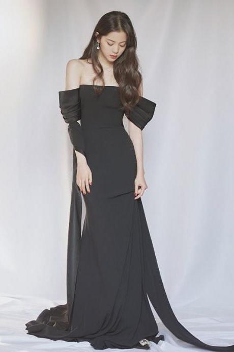 Black Satin One-shoulder Waist Slimming Evening Dress Backless Tail Elegant Light Wedding Dress For Women Formal Dress Sa1823