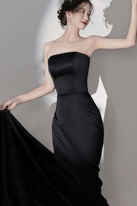 Women Satin Simple French Tube Top Black Banquet Evening Dress Toast Dress Formal Dress Sa1834