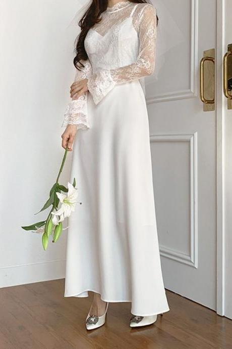 Evening Gown Women's White Retro Stand Collar Lace Long Sleeve Banquet Light Wedding Dress Formal Dress Sa1842