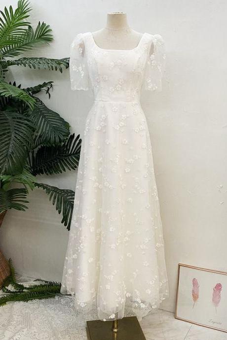 Evening Dress White Lace Short Sleeve Square Neck Small Dress Light Wedding Dress Formal Dress Sa1842