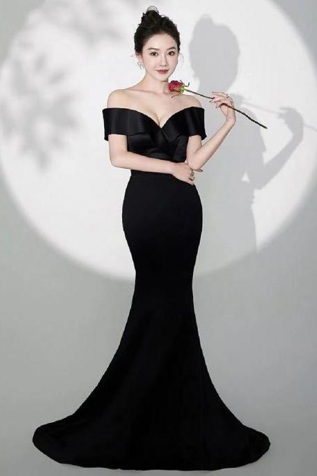 Black One Shoulder Evening Dress Light Wedding Dress Fishtail Formal Dress Sa1842
