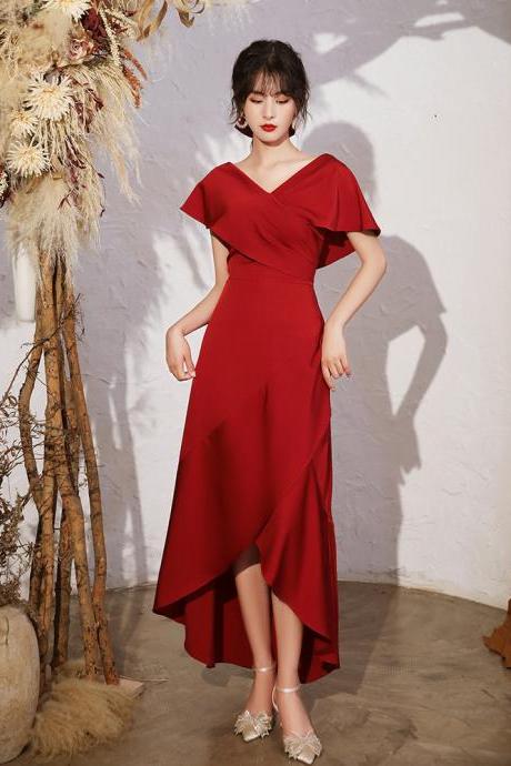 Red Mermaid Ruffle Sleeve Burgundy Slit Prom Dress Formal Dress Sa1842