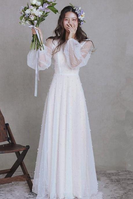 Light Wedding Dress Long Sleeve Arm Covering Mesh Pearl Dress For Women Formal Dress Sa1842