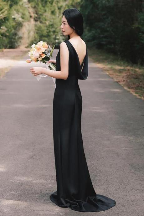 Black Backless Fishtail Hip-hugging Prom Dress With Satin Simple Tail Formal Dress Sa1842