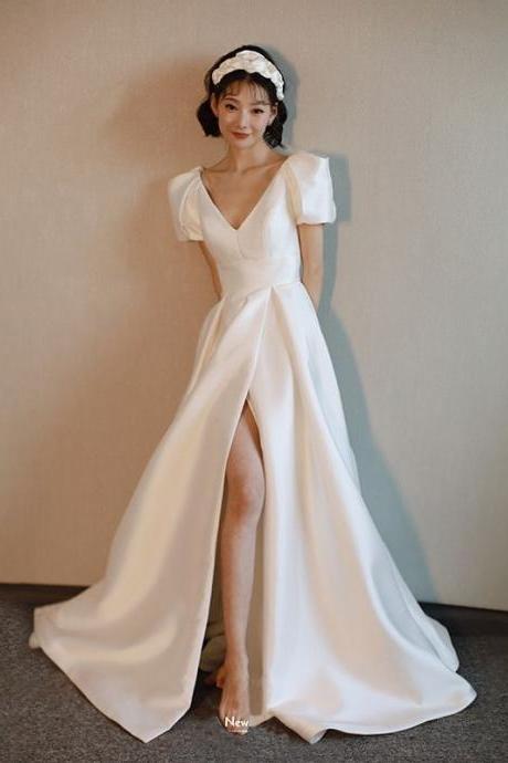 Light Wedding Dress Niche Satin Simple Slit Puff Sleeves Deep V Neck Prom Dress Formal Dress Sa1842