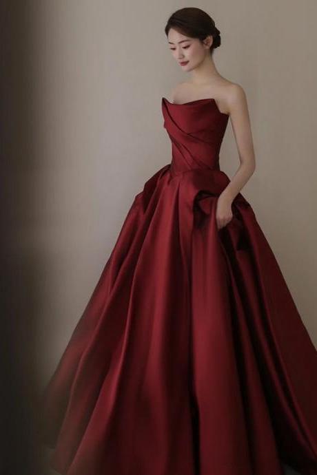 Burgundy Dress Women&amp;#039;s Strapless Formal Dress Engagement Dress Sa1848