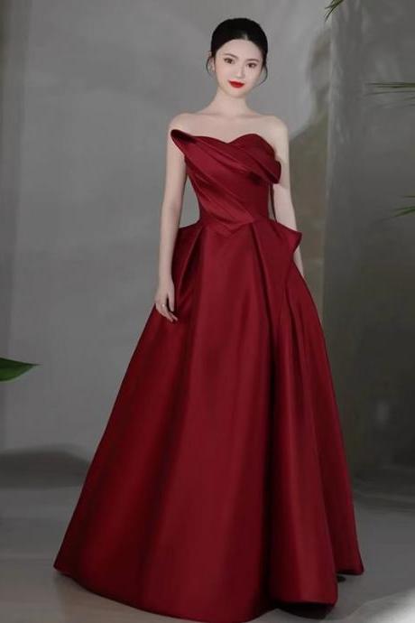 Burgundy Satin Full Length Wedding Evening Gown Long Formal Dress Sa1851