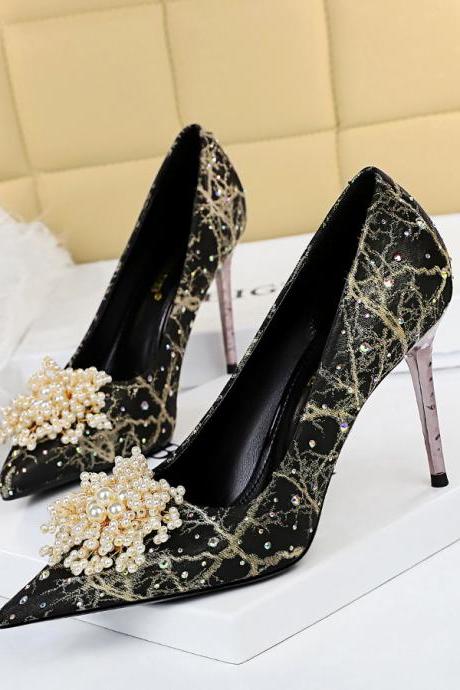 High heels stiletto shallow mouth pointed toe pearl flower rhinestone women's shoes H492