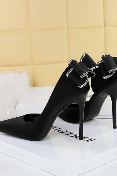 High Heels, Stilettos, Shallow Mouth, Pointed Toe, Side Hollows, Rhinestone Back Bow, Women's Shoes H493
