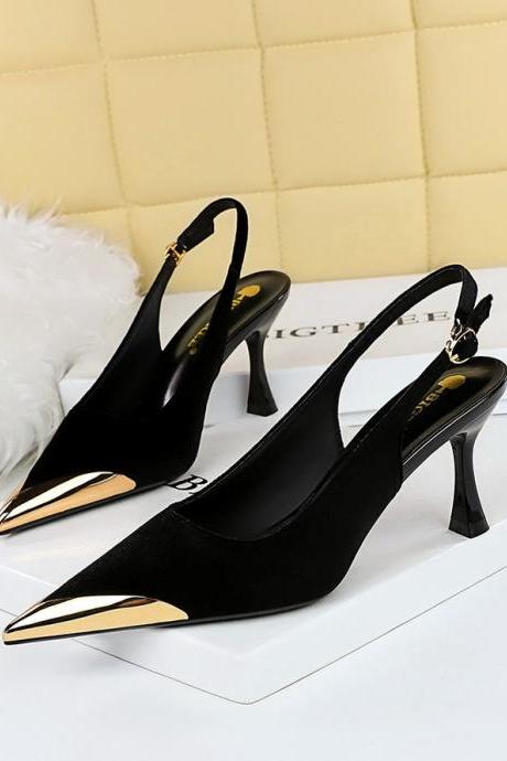 Women&amp;#039;s High-heeled Suede Metal Pointed Toe Hollow Back Strap Women&amp;#039;s Shoes H494