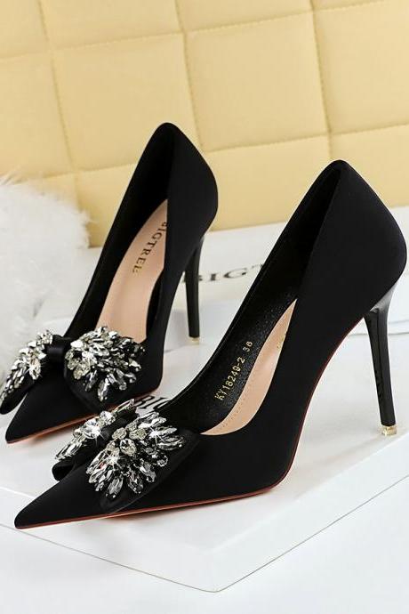 High Heels Women&amp;#039;s Shoes Super Shallow Pointed Toe Satin Rhinestone Bow Shoes H499