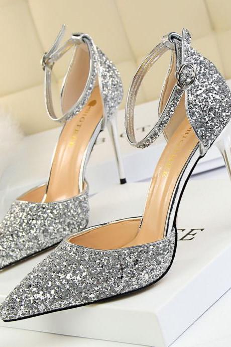 Women&amp;#039;s Shoes, High Heel, Shallow Mouth, Pointed Toe, Metal Stiletto Heel, Sequined Hollow Sandals Heel 9.5cm H503
