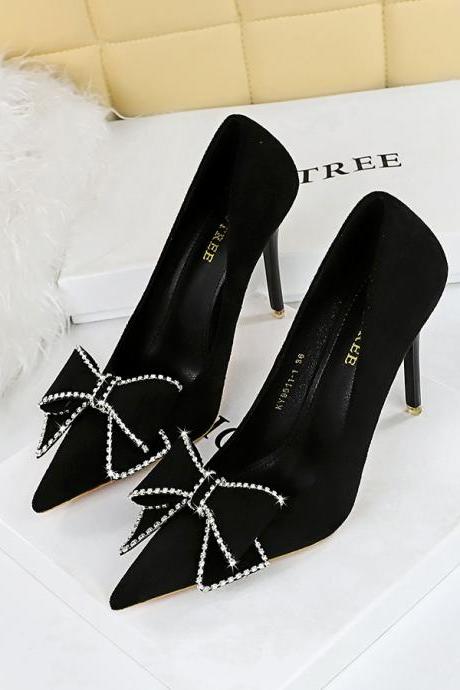 High-heeled Women&amp;#039;s Shoes, Stiletto Suede, Shallow Mouth, Pointed Toe, Rhinestone Bow Shoes H506