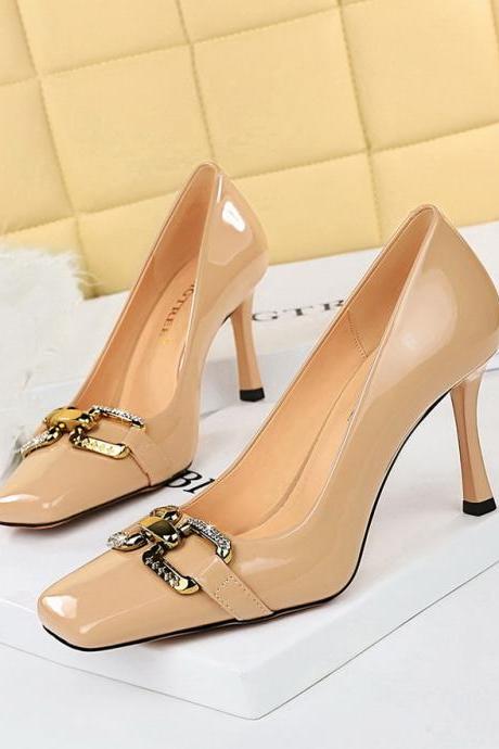 High Heels Women's Shoes Stiletto Ultra High Heels Shiny Patent Leather Shallow Square Toe Metal Rhinestone Buckle Shoes H508