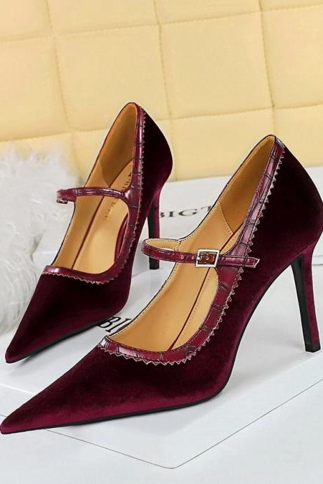 High Heels, Stilettos, Shallow Pointed Toes, Thickened Suede Flat-strap Women&amp;#039;s Shoes H510