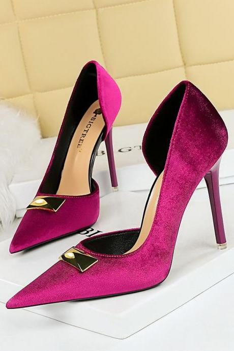 Women's High Heel Stiletto Shallow Mouth Pointed Toe Side Hollow Xishi Suede High Heel Shoes H512