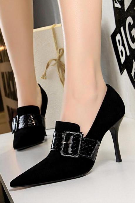 Women's High-heeled Suede Sexy Nightclub Slim Snake-print One-line Belt Buckle Deep-mouth Single Shoes H517