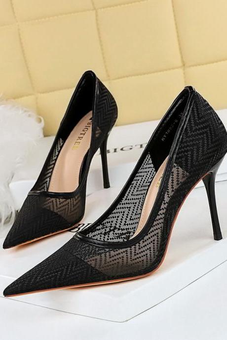 High Heels Women&amp;#039;s Shoes Stiletto Heel Shallow Mouth Pointed Toe Sexy Mesh Hollow Lace Shoes H518