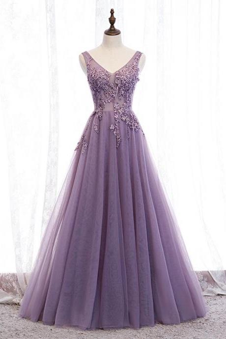 Purple V Neck Lace Applique Tulle Prom Dress Full Length Evening Dress Sa1858