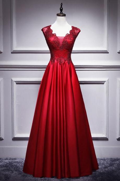 Red Satin With Lace Applique Prom Dress Evening Dress Sa1865