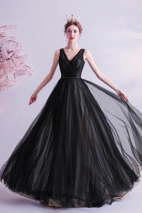 Black V Neck Full Length Prom Dress Evening Dress Sa1873