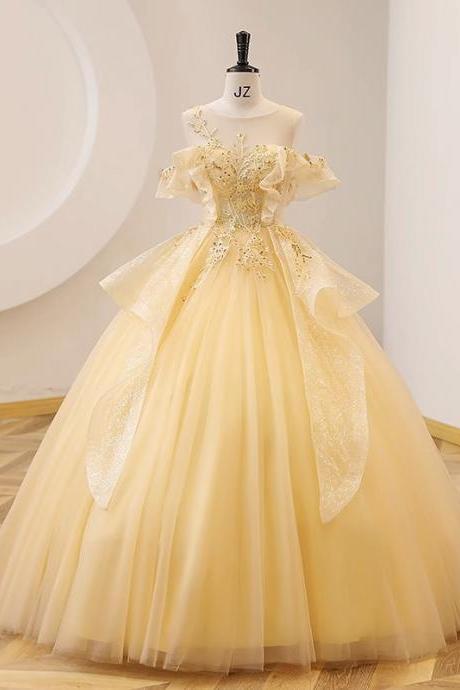 Yellow Full Length Prom Dress Beading Evening Dress Sa1875