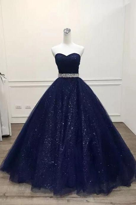 Navy Blue Beading Strapless Full Length Prom Dress Evening Dress Sa1876