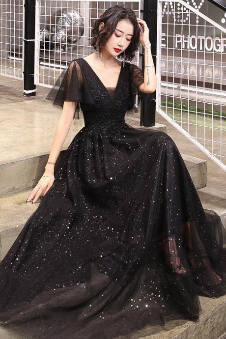 Black V Neck Cap Sleeve Prom Dress Evening Dress Sa1879