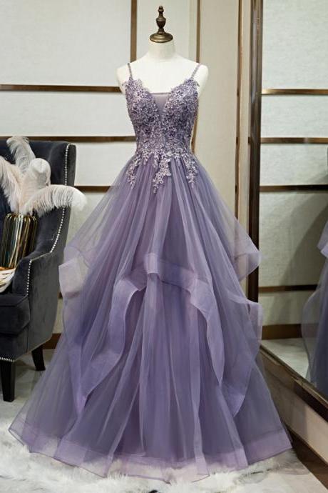 Purple Full Length Lace Applique Prom Dress Evening Dress Sa1881
