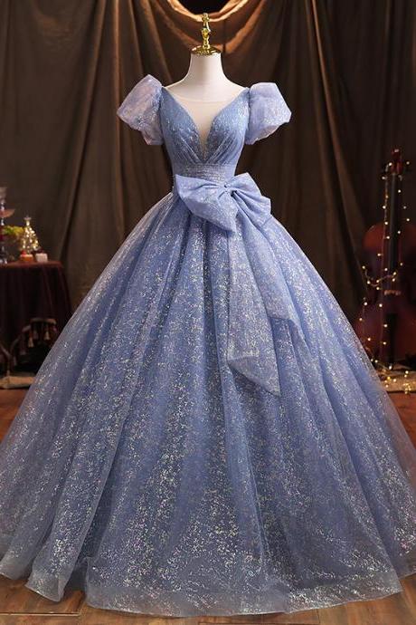 Blue Short Sleeve With Bowknot Prom Dress Full Length Evening Dress Sa1888