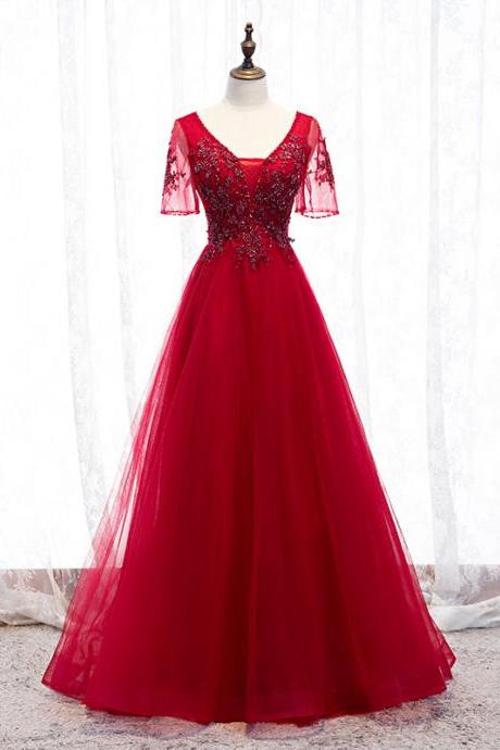 Red Short Sleeve Applique Full Length Prom Dress Evening Dress Sa1890