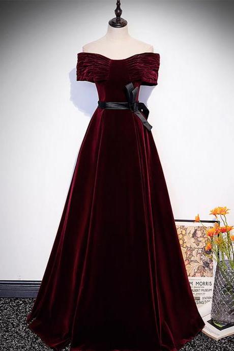 A-line Off Shoulder Velvet Burgundy Long Prom Dress, Burgundy Long Formal Dress Sa1902