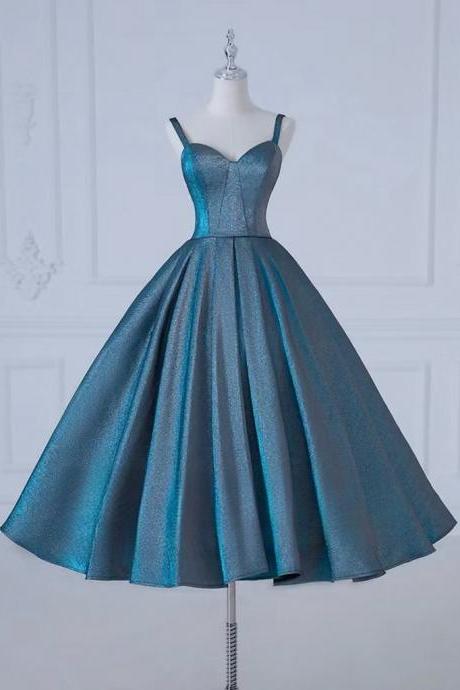 Short Sweetheart Neck Satin Tea Length Blue Prom Dress, Blue Formal Dress Sa1905